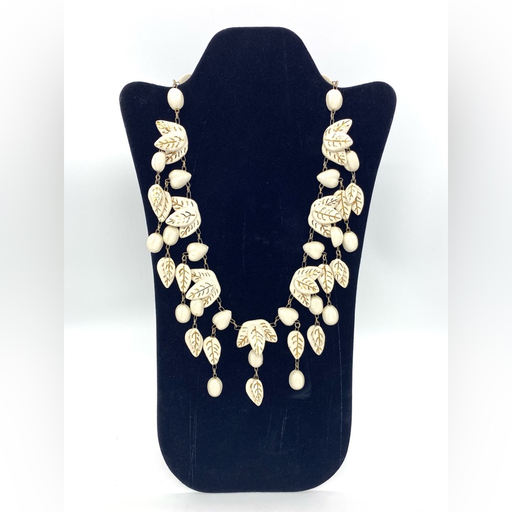 Elegant Ceramic Cream and Gold Leaf Necklace and Matching Clip-On Earrings Set